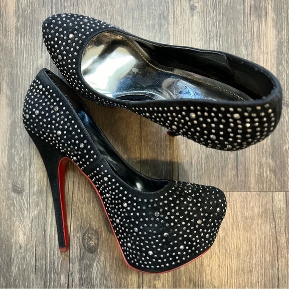 Alba Red Sole Black Suede Silver Rhinestone Platform Stiletto High Heels 8.5 - Picture 1 of 12